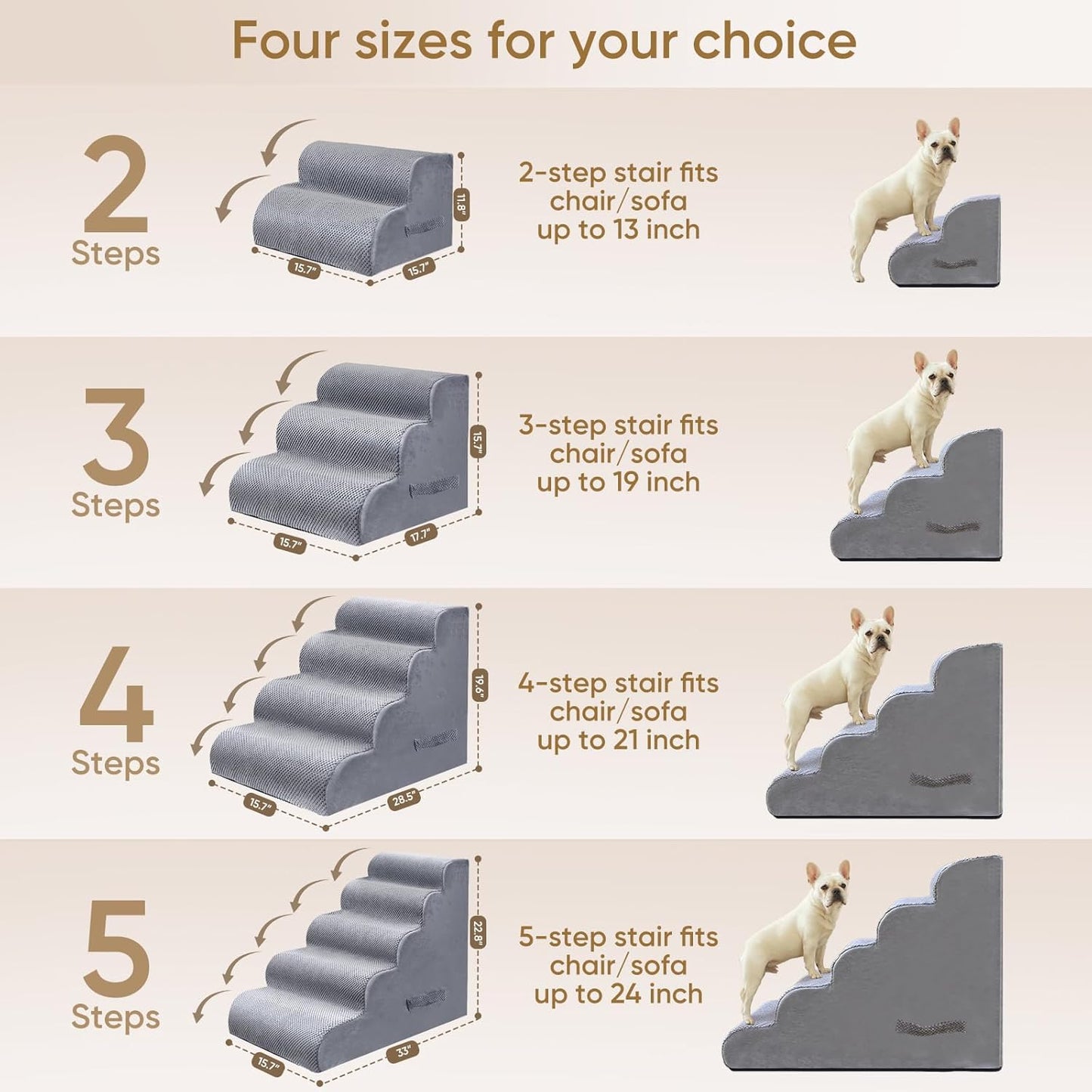 PAWSCRAT Pet Stairs for Dogs 4-Step, 19.6" H Pet Stairs for High Bed, Couch Sofa & Chair, 30D Material Soft Foam Dog Steps with Non-Slip Bottom Surface Removable Washable Cover, Grey