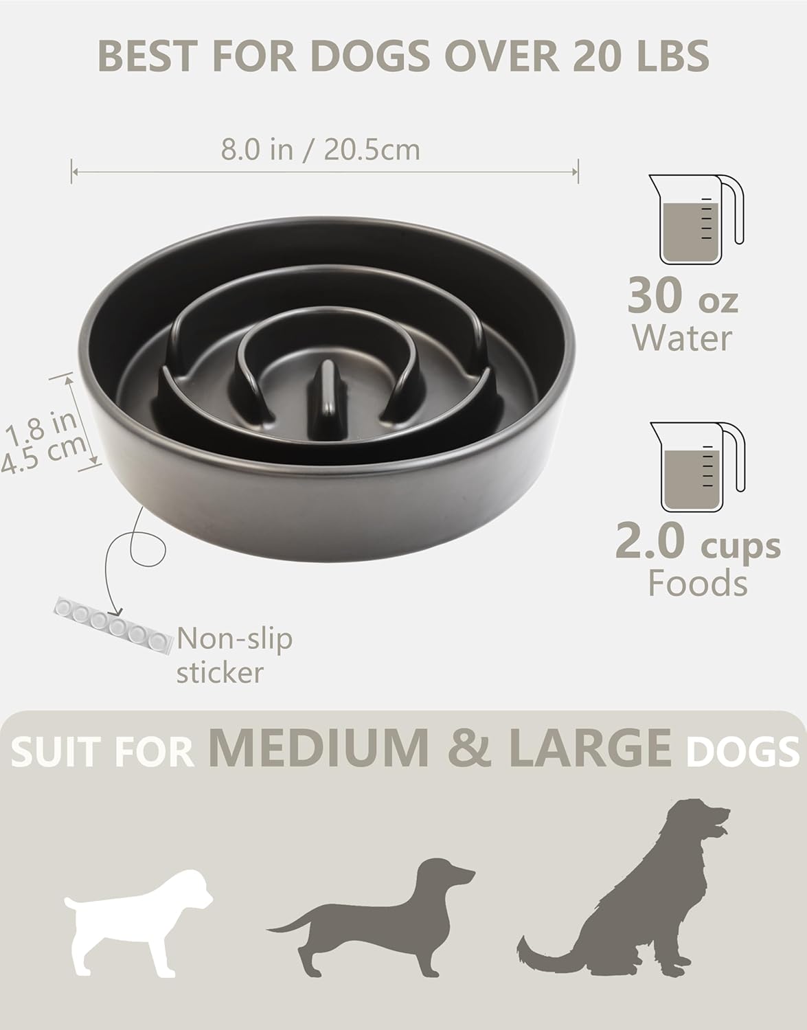 Ceramic Slow Feeder Dog Bowls, 2.0 Cups Slow Feeder for Medium Dogs, Puzzle Maze Bowl to Slow Down Eating, 30oz, 8in, White