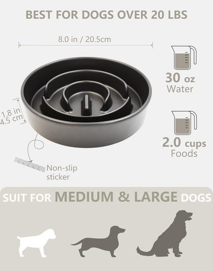 Ceramic Slow Feeder Dog Bowls, 2.0 Cups Slow Feeder for Medium Dogs, Puzzle Maze Bowl to Slow Down Eating, 30oz, 8in, White