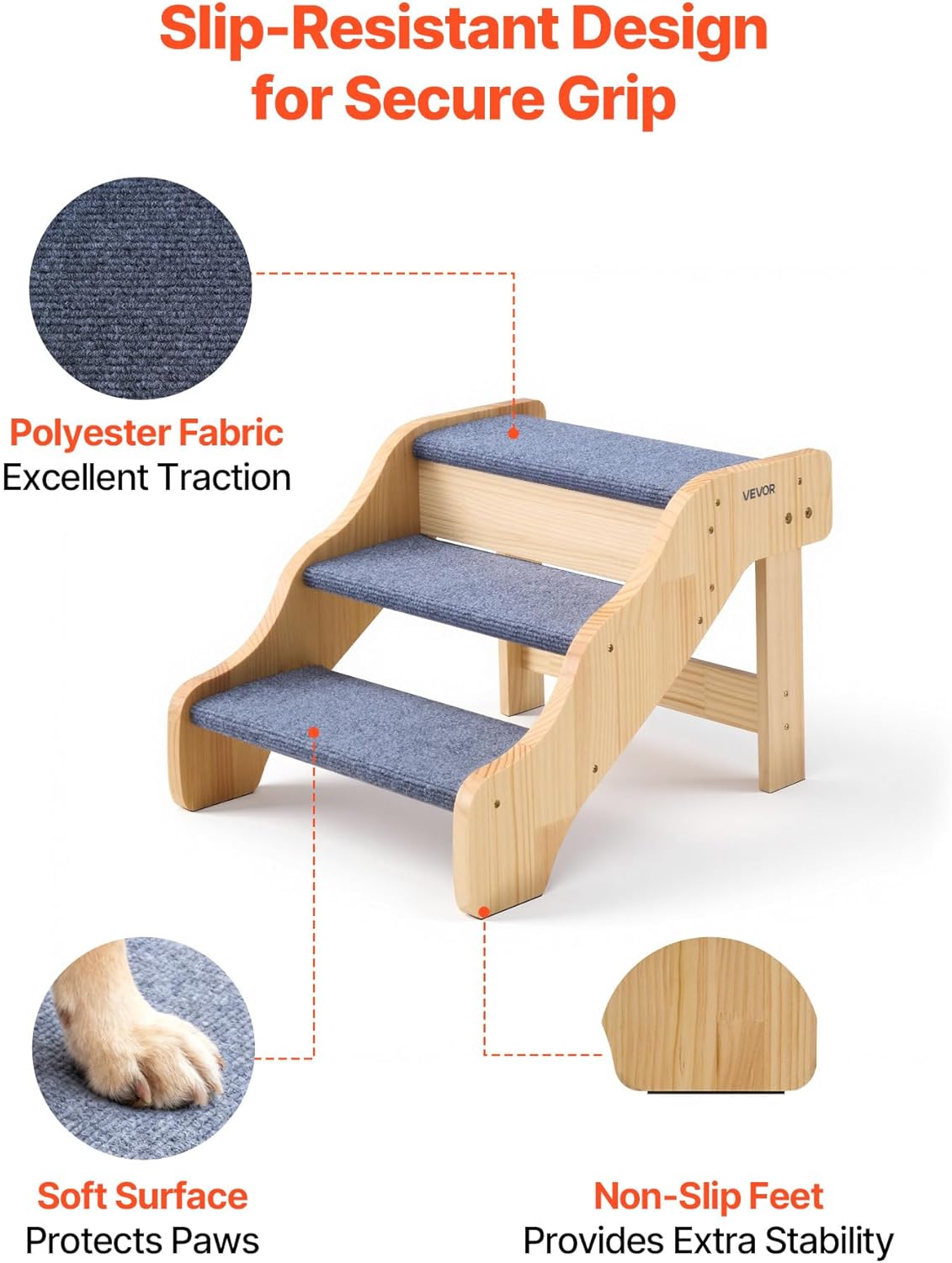 VEVOR Wood Pet Stairs, 2-Step Dog Stairs for Beds, Sofa & Cars, 110lbs Load Capacity, Floded Flat Design, Stable & Sturdy Cat & Dog Step Ladder for Small Medium Large Older Pet Puppy Essentials