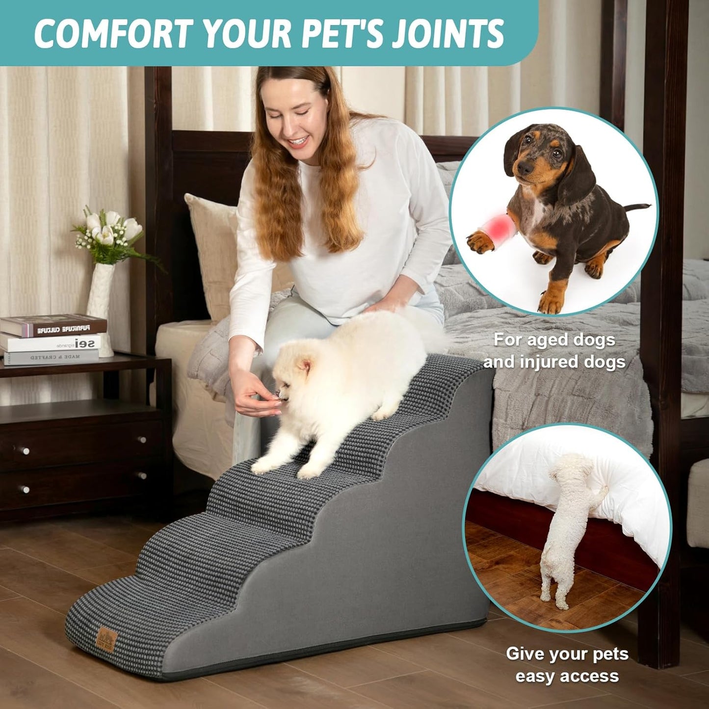 COZY KISS Dog Stairs for Small Dogs 15.7" H, Curved Dog Step for Puppy, Older Cat, Medium Pet Ramp for Sofa, Couch or Chair, Ladder with High Density Foam, 3 Step, 15.7x22.4x15.7 inch, Beige