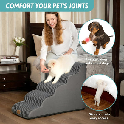 COZY KISS Dog Stairs for Small Dogs 15.7" H, Curved Dog Step for Puppy, Older Cat, Medium Pet Ramp for Sofa, Couch or Chair, Ladder with High Density Foam, 3 Step, 15.7x22.4x15.7 inch, Beige