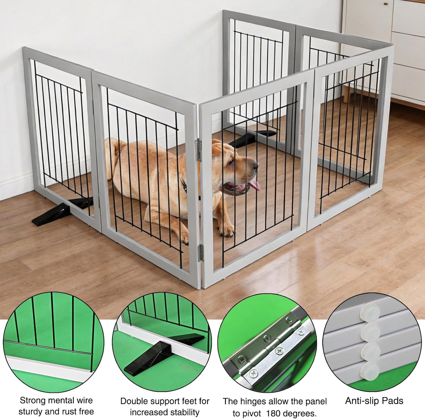 ZJSF Freestanding Dog Gate Indoor, Foldable Dog Fence for Doorways,Hallways or Stairs, Sturdy Wood Extra Wide Pet Gate with Support Feet,Black,24 "Height-3 Panels