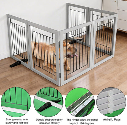 ZJSF Freestanding Dog Gate Indoor, Foldable Dog Fence for Doorways,Hallways or Stairs, Sturdy Wood Extra Wide Pet Gate with Support Feet,Black,24 "Height-3 Panels