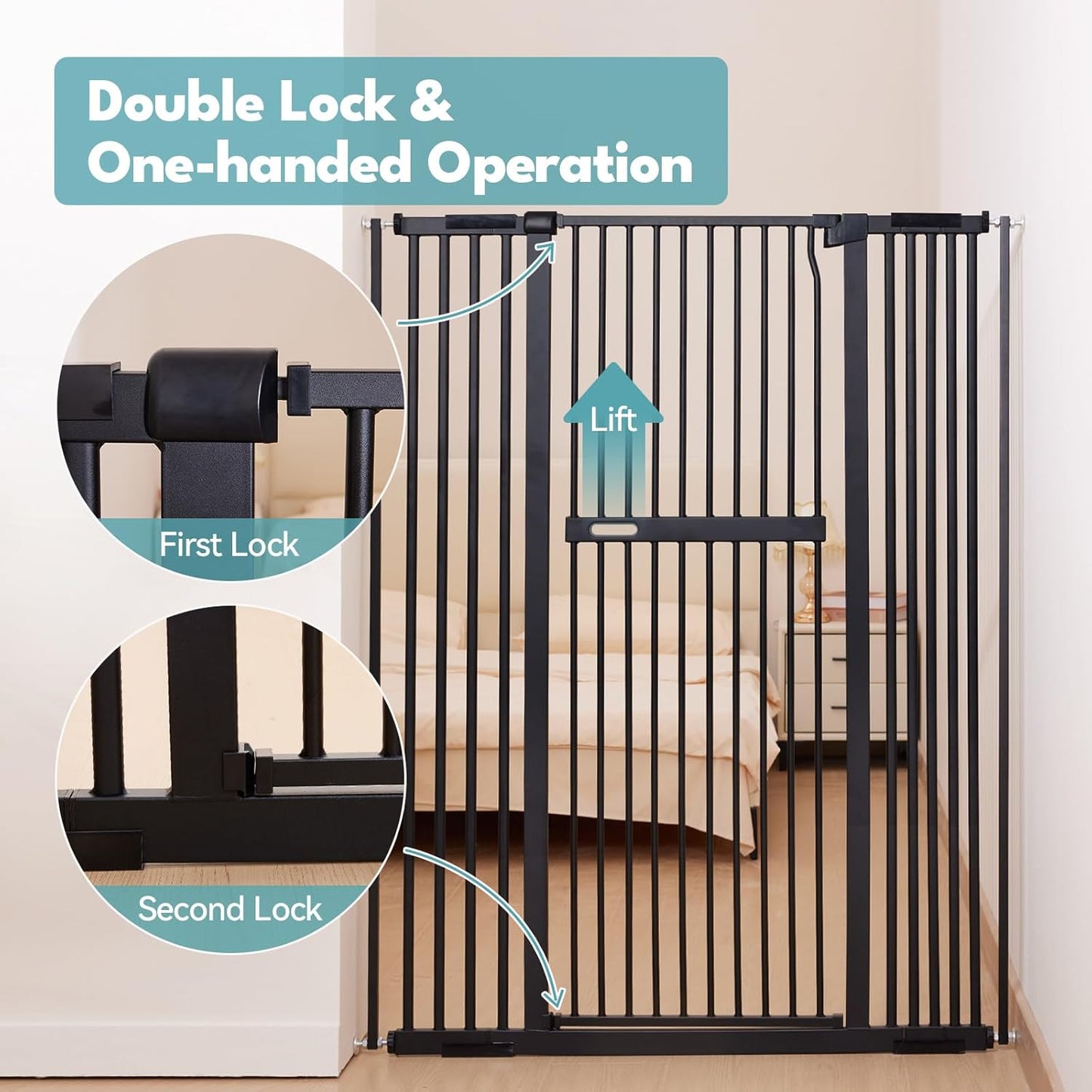 No Pawblems 55" Extra Tall Pet Gate for Cat/Dog, 29-40" Wide Auto Close Tall Dog Gate for Doorways/Hallways, 1.37" Ultra Narrow Spacing, NO Drilling Pressure Mounted, Black