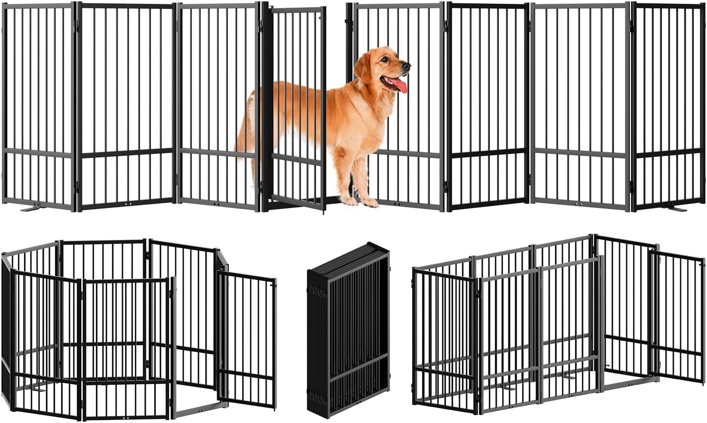 SNUOWU Full Metal Freestanding Dog Gate with Door, 32''Height Foldable Pet Dog Fence for Indoor & Outdoor, 4 Panels Extra Wide Free Standing TallDog Gates for Doorways,House,Stairs,Porch,Deck,Yard