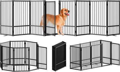 SNUOWU Full Metal Freestanding Dog Gate with Door, 32''Height Foldable Pet Dog Fence for Indoor & Outdoor, 4 Panels Extra Wide Free Standing TallDog Gates for Doorways,House,Stairs,Porch,Deck,Yard