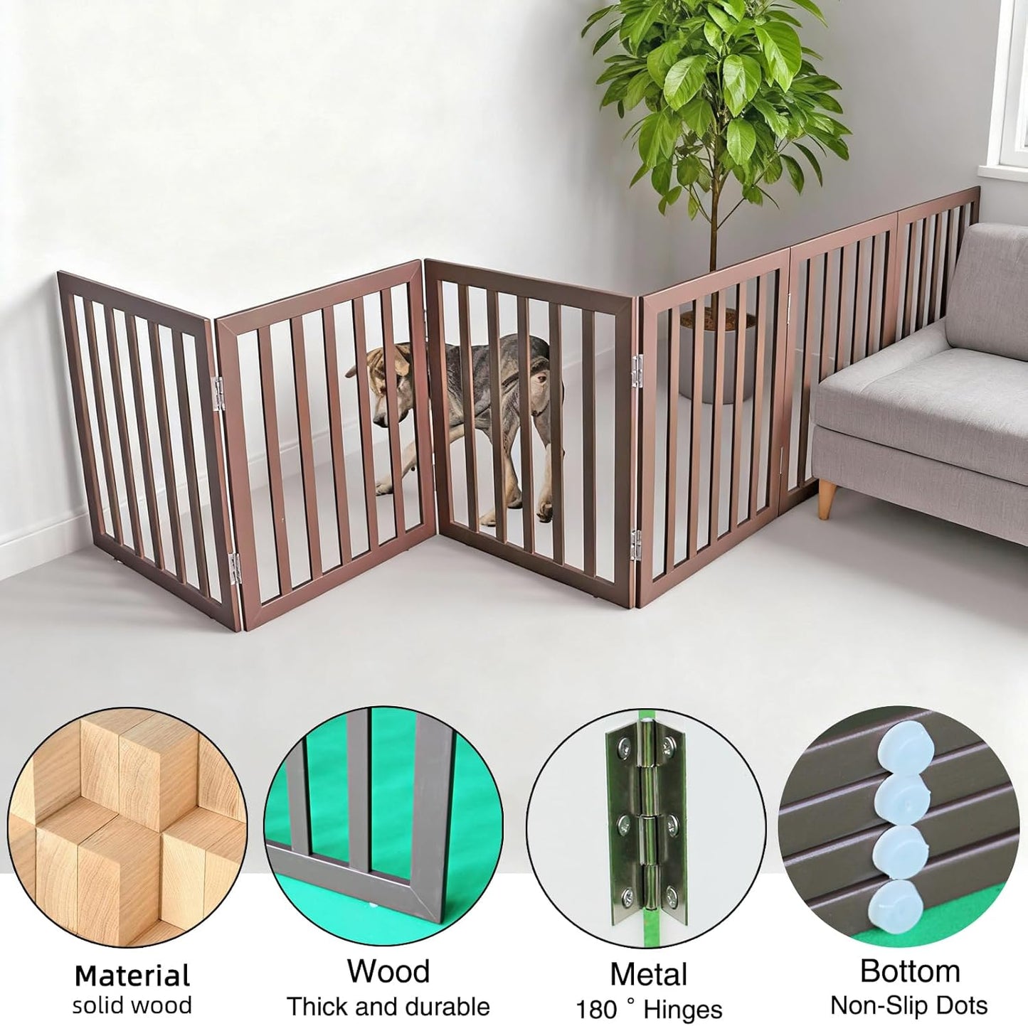 ZJSF Freestanding Indoor Dog Gate for House Foldable Wood Brown Puppy Gate for Doorways Pet Gate for Stairs Extra Wide Pet Fence 24" Height 2 Panels