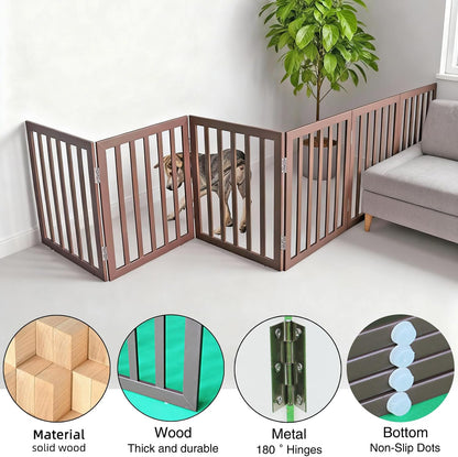 ZJSF Freestanding Indoor Dog Gate for House Foldable Wood Brown Puppy Gate for Doorways Pet Gate for Stairs Extra Wide Pet Fence 24" Height 2 Panels