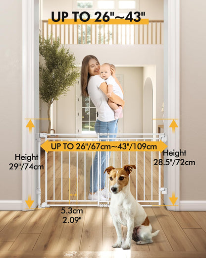 Extra Wide Baby Gate for Doorways 29" Tall Safety Gate for Kids&Pets,Pressure Mounted with Auto Close,Walk-Thru Metal Gate,Adjustable Width 26.4"-43",Indoor Pet Gate for Stairs & Hallways Black