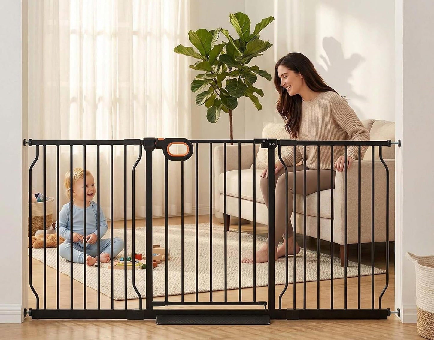 Baby Gates Extra Wide for Large Opennings with Door Pressure Mounted 90.6-95.2 Inch Extra Wide Baby Gate Dog gate for Doorways Indoor Metal Gate No Drilling with Walk-Through Door,White