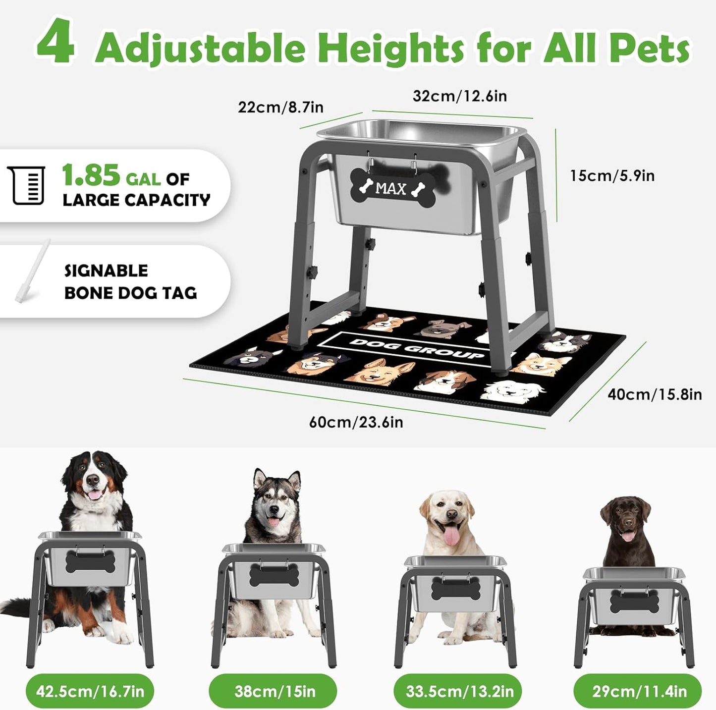 1.2 Gallon Elevated Dog Water Bowl, Height Adjustable (11–17'') Raised Stainless Steel Bowl with Spill-Proof Mat & Sturdy Metal Stand, Tip-Proof, Easy to Clean, Indoor & Outdoor Use