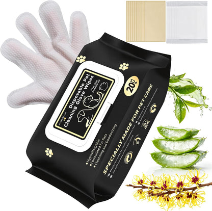 Pet Glove Wipes for Dogs and Cats 20 Count Dog Cleaning Wipes for Paws and Butt Waterless Dog Bath Wipes Hypoallergenic Fragrance Free with 10 Sealing Stickers and 5 Drying Towels