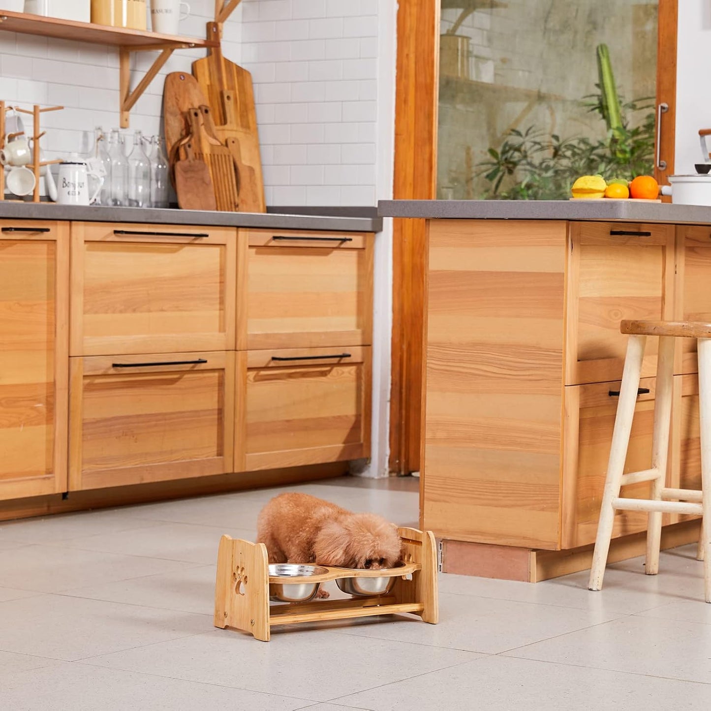 X-ZONE PET Elevated Dog Bowls for Cats and Dogs, Adjustable Bamboo Raised Dog Bowls for Small Dog, Food and Water Set Stand Feeder with 2 Stainless Steel Bowls and Anti Slip Feet (Height 4" to 4.5")