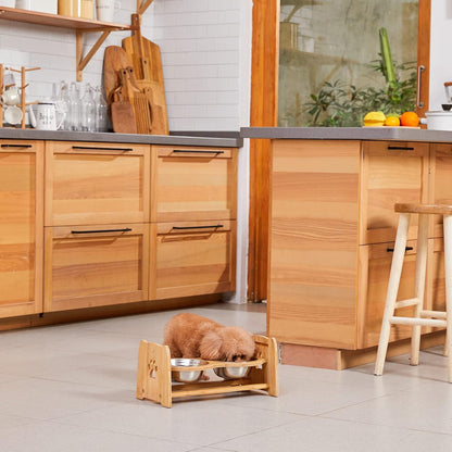 X-ZONE PET Elevated Dog Bowls for Cats and Dogs, Adjustable Bamboo Raised Dog Bowls for Small Dog, Food and Water Set Stand Feeder with 2 Stainless Steel Bowls and Anti Slip Feet (Height 4" to 4.5")