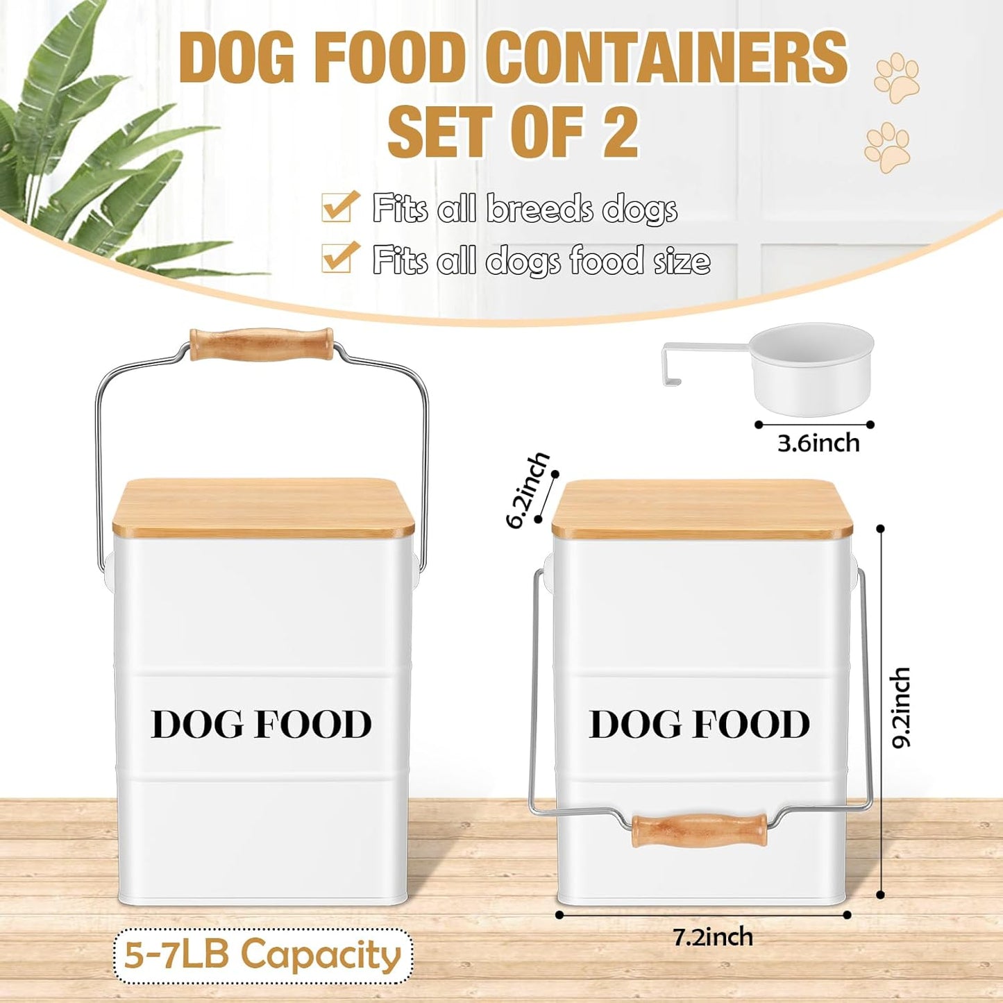 Tioncy 2 Pcs Metal Dog Food Storage Containers Total 10-14 Lbs (50 Cup) Capacity, Airtight Pet Food Canister with Bamboo Lids Scoop DIY Labels Dog Treat Storage Jars for Kitchen Counter(White)