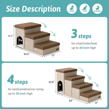 Dog Stairs with Storage, 4-Step Wider Sturdy Dog Steps for Small/Medium/Large Dogs and Older Cats, Folding Doggie Ramp for Bed/Couch/Car Hold Up to 180 lbs (22" H, Brown)