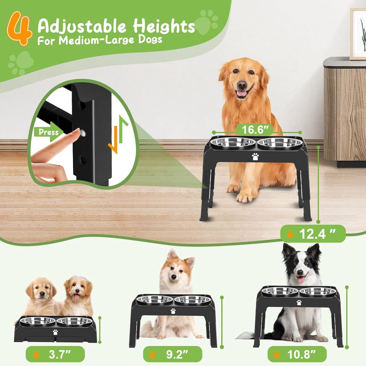 Elevated Raised Dog Bowl Stand with 2 Stainless Steel Bowls, Adjustable Height for Medium Large Dogs, 12.36" - 3.7" Foldable Feeder, Grey