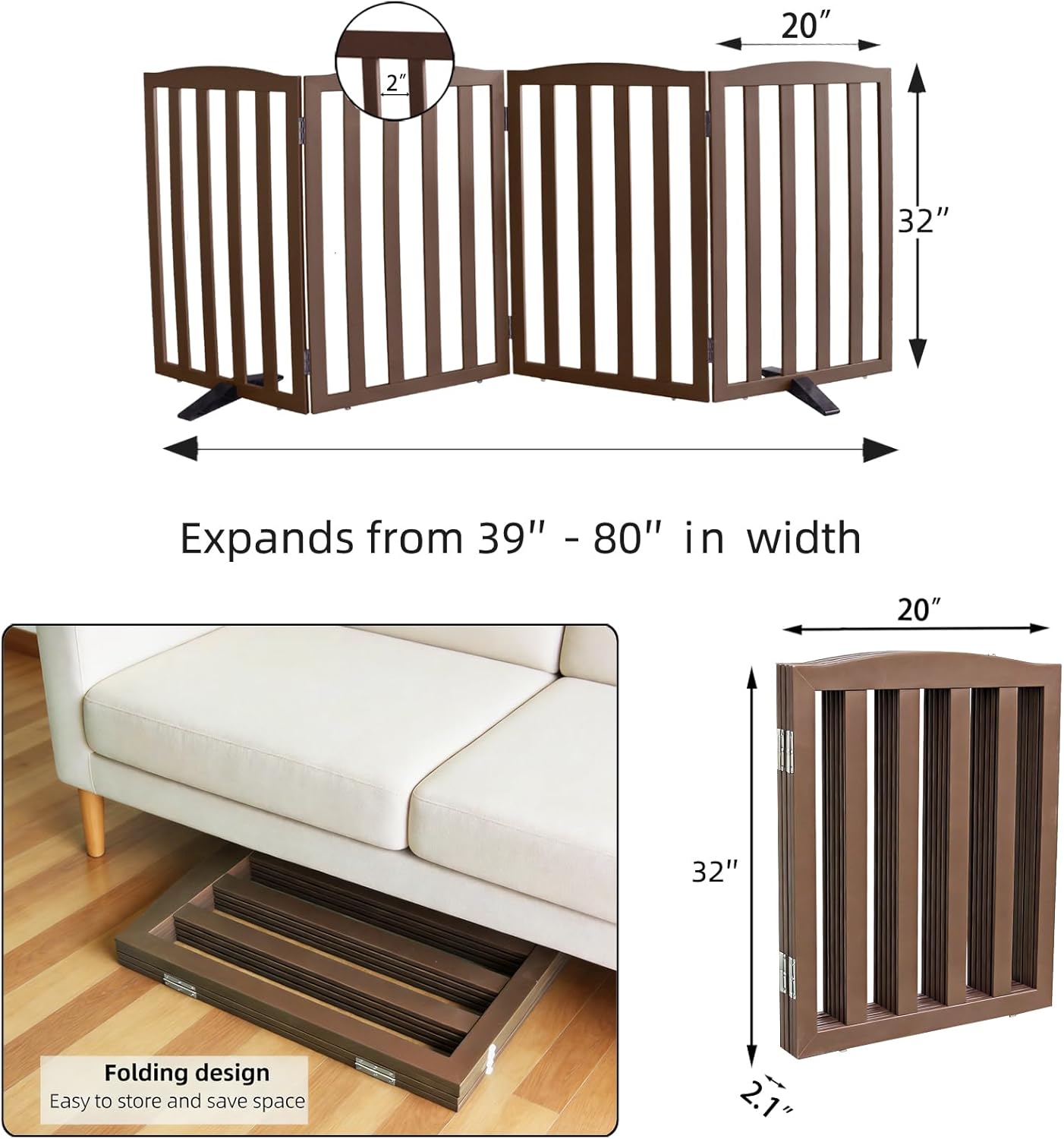 Freestanding Dog Gate Indoor,Doggie Gate Foldable Dog Gates for Doorways,Stairs or Hallways, Wooden White Pet Gate for the House, Pet Fence with Support Feet Included,24 "Height-4 Panels