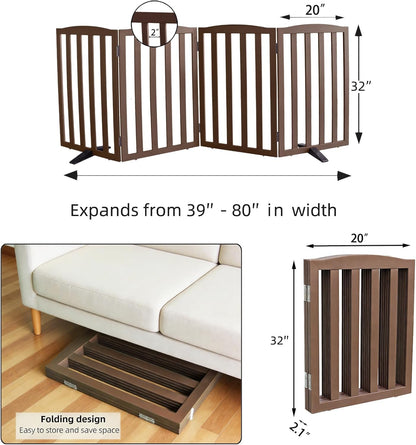Freestanding Dog Gate Indoor,Doggie Gate Foldable Pet Gates for Doorways,Stairs or Hallways, Wooden Brown Pet Gate for the House, Pet Fence with Support Feet Included,24 "Height-3 Panels