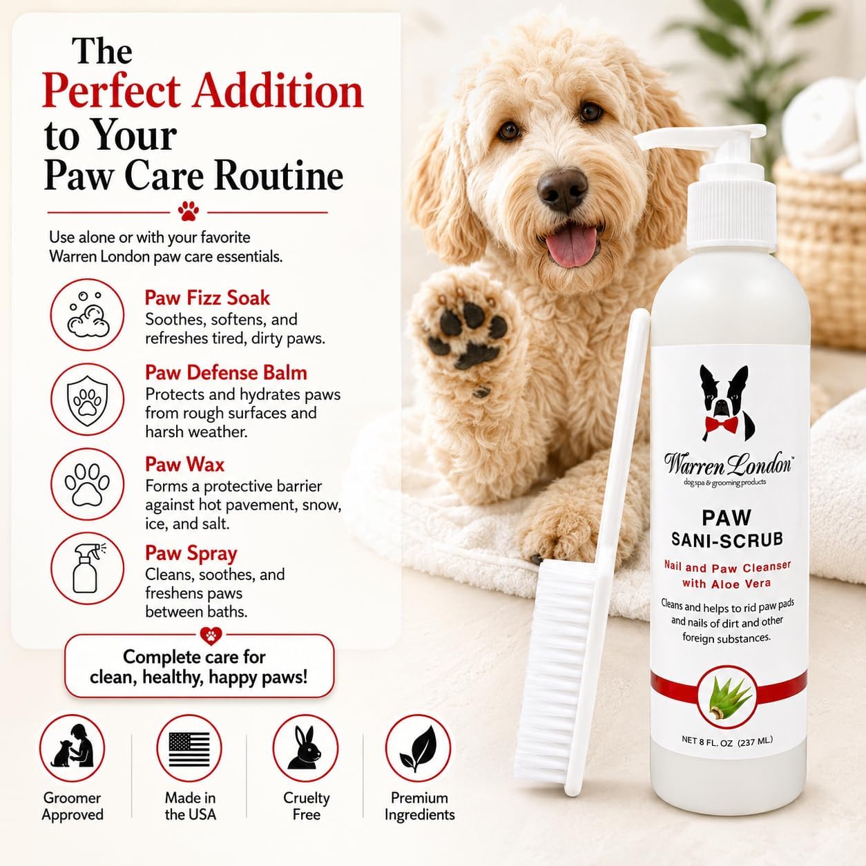 Warren London Paw Scrub – Deep Cleaning Paw & Nail Cleanser with Aloe Vera – Removes Dirt & Grime – Includes Scrub Brush – Made in USA - 8 oz