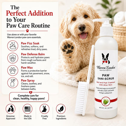 Warren London Paw Scrub – Deep Cleaning Paw & Nail Cleanser with Aloe Vera – Removes Dirt & Grime – Includes Scrub Brush – Made in USA - 8 oz