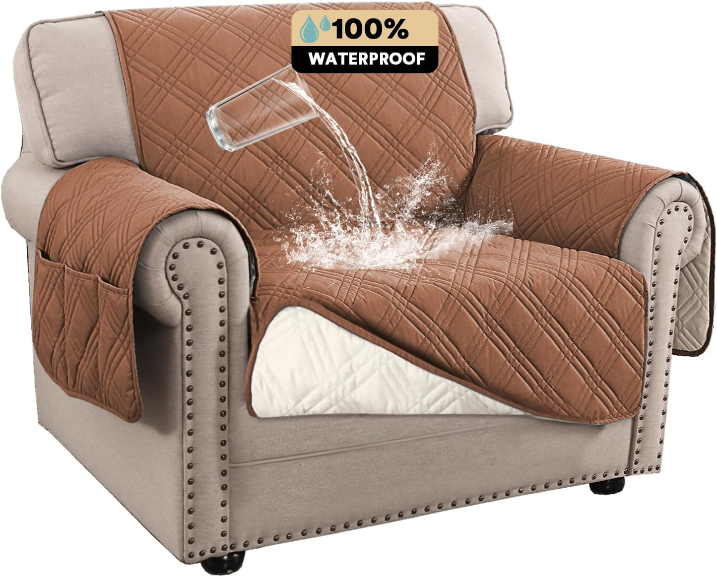 PrinceDeco 100% Waterproof Couch Cover for 3 Cushion Couch Sofa Pet Friendly Non-Slip Couch Cover for Dogs Washable Water Resistant Furniture Protector with Elastic Straps(Sofa 68", French Oak)