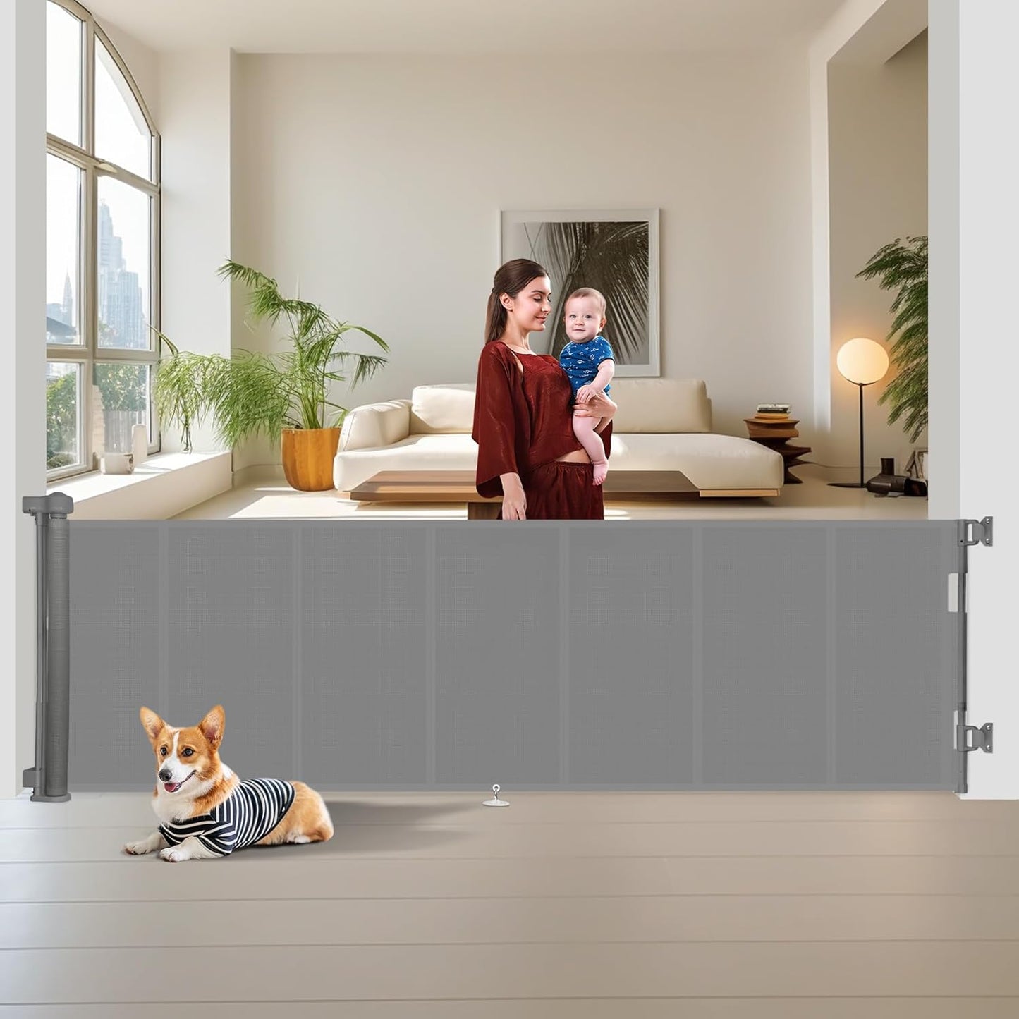 Miumoon 120 inch Retractable Baby Gates 34 inch Tall, Retractable Gate with Reinforced Strip Design to Prevent Crawling Through, 10 FT Extra Wide Retractable Dog Gate for Indoor/Outdoor