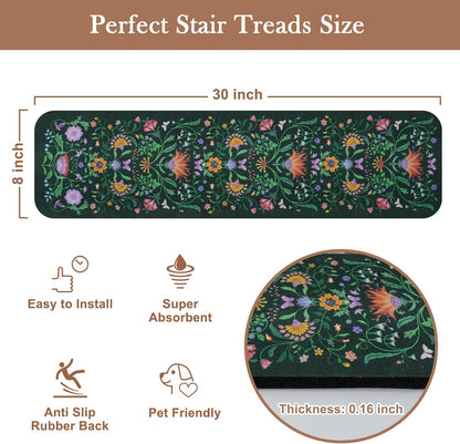 OJIA Floral Stair Treads Non-Slip Carpet Stair Treads for Wooden Steps Indoor 15PCS 30"x8" Stair Runner Stair Mats Staircase Step Treads for Kids, Elders and Dogs, Stair Covers, Black