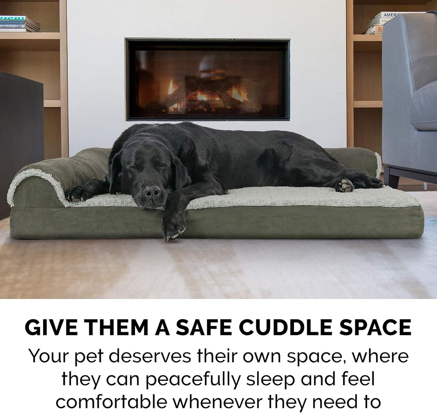 Furhaven Memory Foam Dog Bed for Large Dogs w/ Removable Bolsters & Washable Cover, For Dogs Up to 95 lbs - Two-Tone Plush Faux Fur & Suede L Shaped Chaise - Espresso, Jumbo/XL