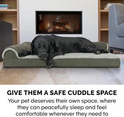 Furhaven Memory Foam Dog Bed for Large Dogs w/ Removable Bolsters & Washable Cover, For Dogs Up to 95 lbs - Two-Tone Plush Faux Fur & Suede L Shaped Chaise - Espresso, Jumbo/XL