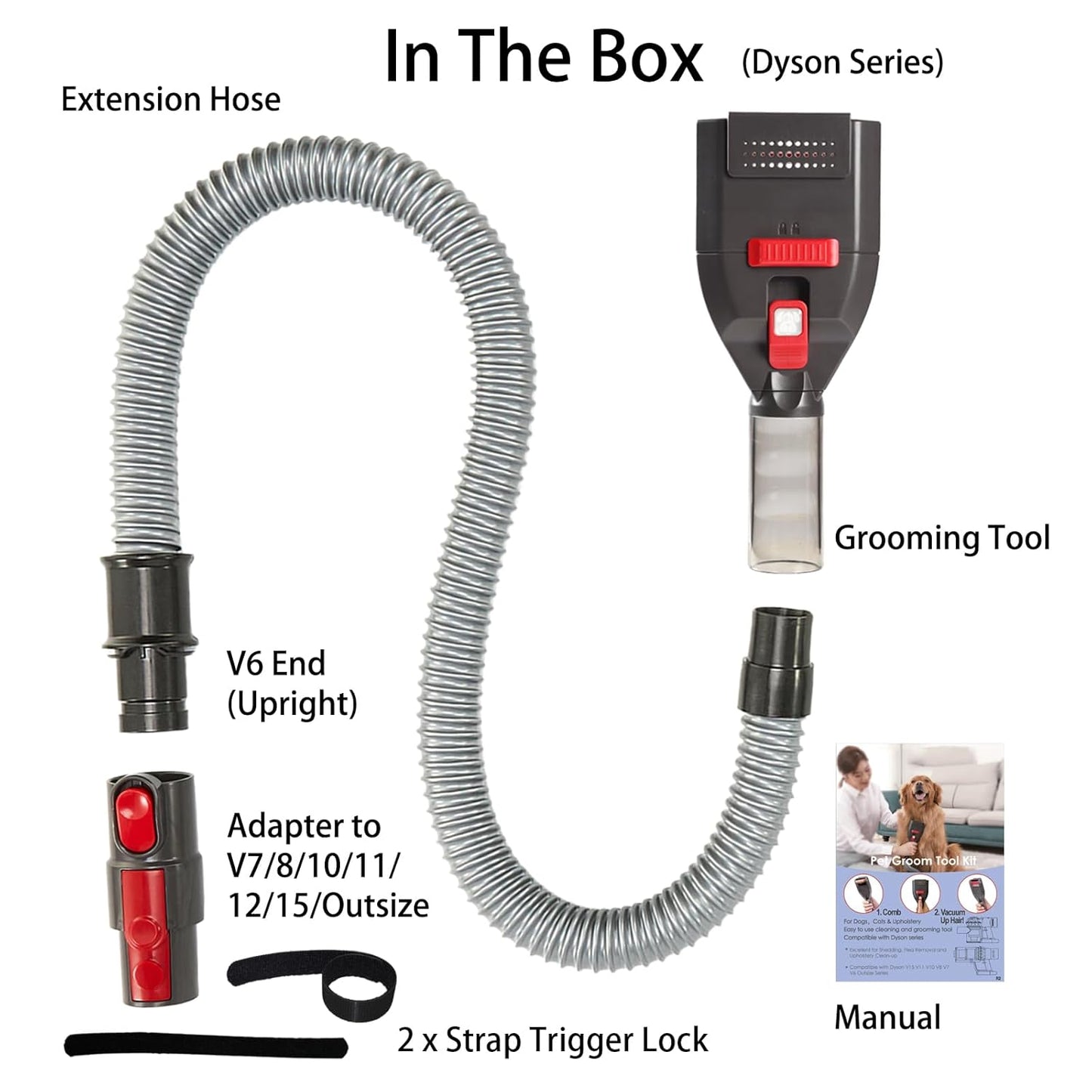 Dog Brush Vacuum Attachment with 1"-1.75" Universal Adapters for Vacuum Cleaners, Pet Hair Shedding Grooming Tool Kit with Long Extension Hose