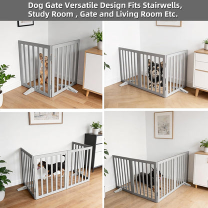 Dog Gate Indoor, Freestanding Dog Fence for The House, Doorways, Hallways,or Stairs,Pet Gate Foldable Wooden,Expandable 24" Height 3 Panels,White