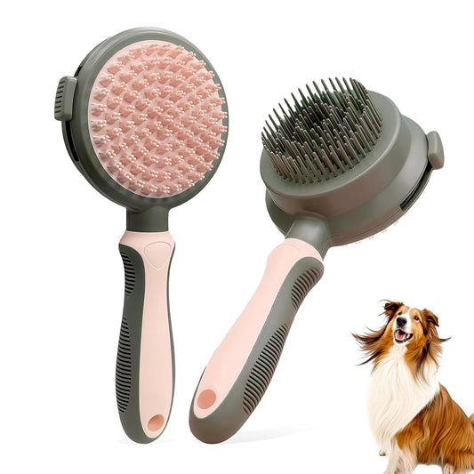 Pink Retractable Self-Cleaning Dog Bath Brush Double-Sided Dog Shedding Brush Long&Short&Massage Pin Cat Deshedding Brush Pet Grooming Tool for Dogs and Cats Remove Loose Hair Knots Tangles