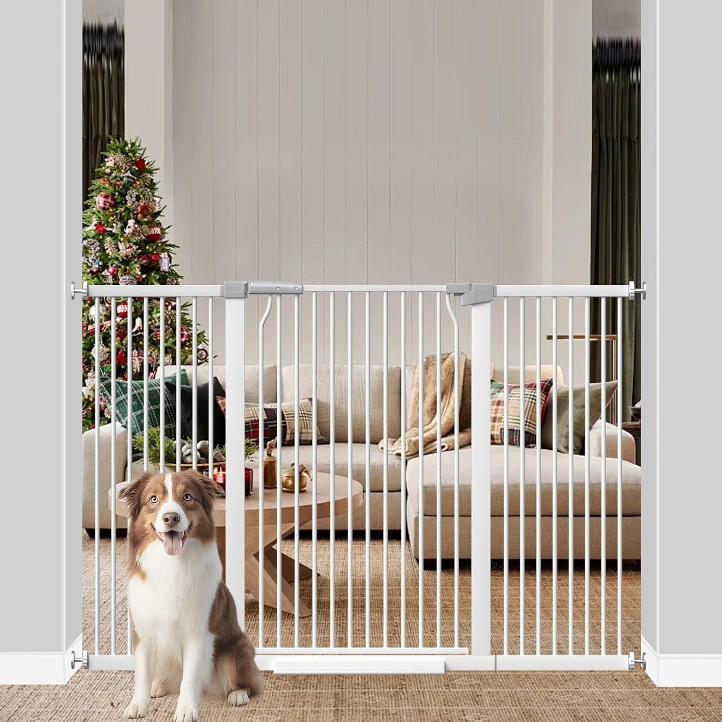 41" Extra Tall Cat Gate for Doorway, 49.2-54.7 Metal Pet Baby Safe Gate, Extra Wide Pressure Mounted Child Door with Expansion Kit, No Drilling No Climb Cat Fence Indoor, Tall Dog Gate, White