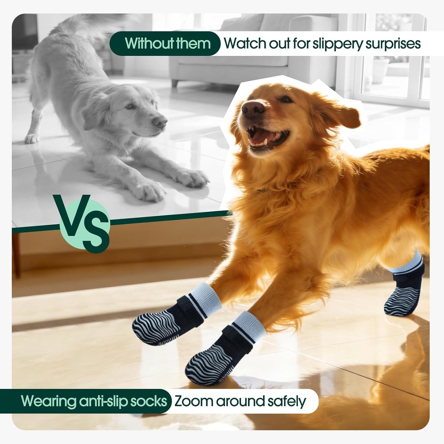 Kuoser Non Slip Dog Socks for Hardwood Floors, Dog Grippy Socks with Double-Sided Traction, Anti Slip Dogs Booties Paw Protectors to Prevent Licking Paws for Small Medium Large Senior Dogs, 4 Pack-M