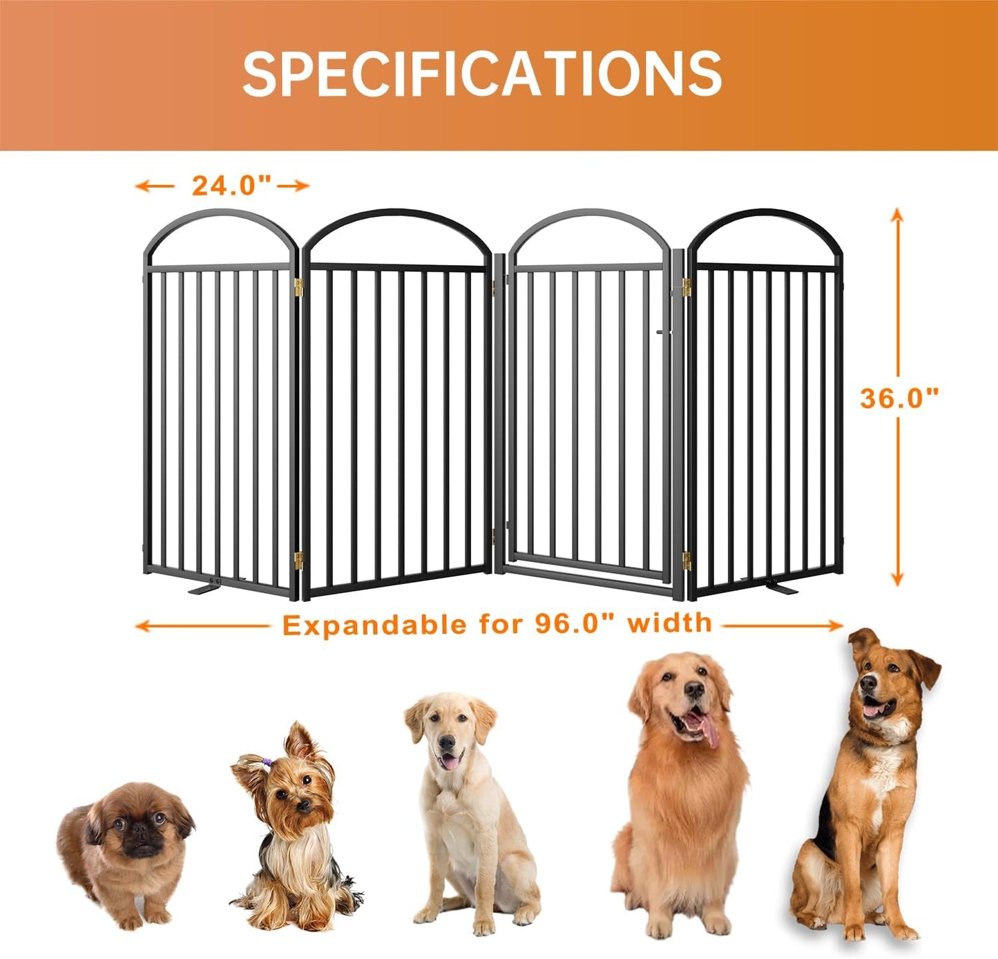 SNUOWU 4 Panels Full Matel Freestanding Dog Gates with Door, 96"Extra Wide 32"Tall Free Standing Dog Pet Gate for Indoor & Outdoor. Foldable Pet Fences for Doorways, House, Stairs, Porch, Deck, Yard