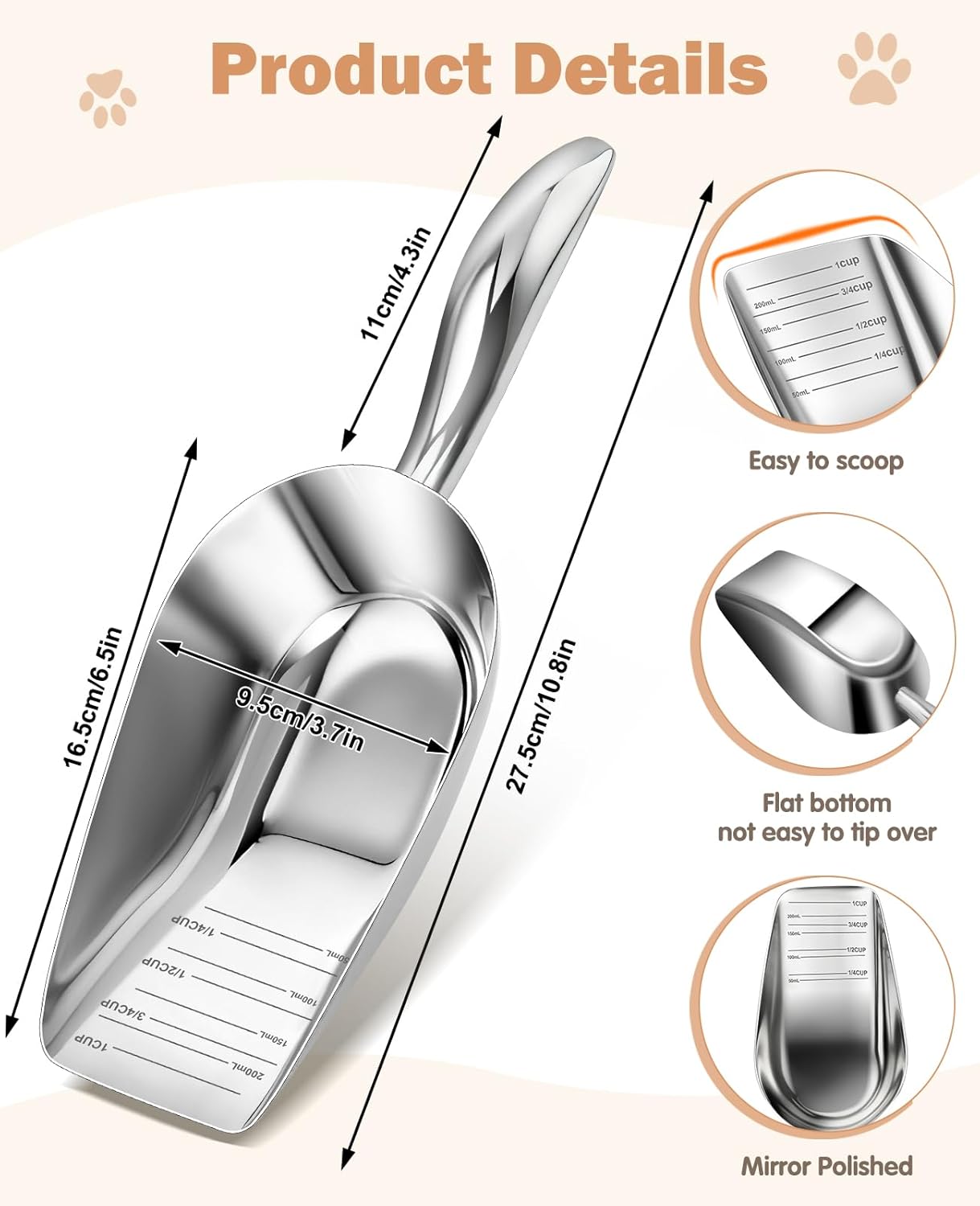 Stainless Steel Cat-Dog Food-Scoop Measuring 1-Cup, Pet Food Scoop with Measuring Lines For Dogs, Cats, And Kitchen Use, Dishwasher Safe
