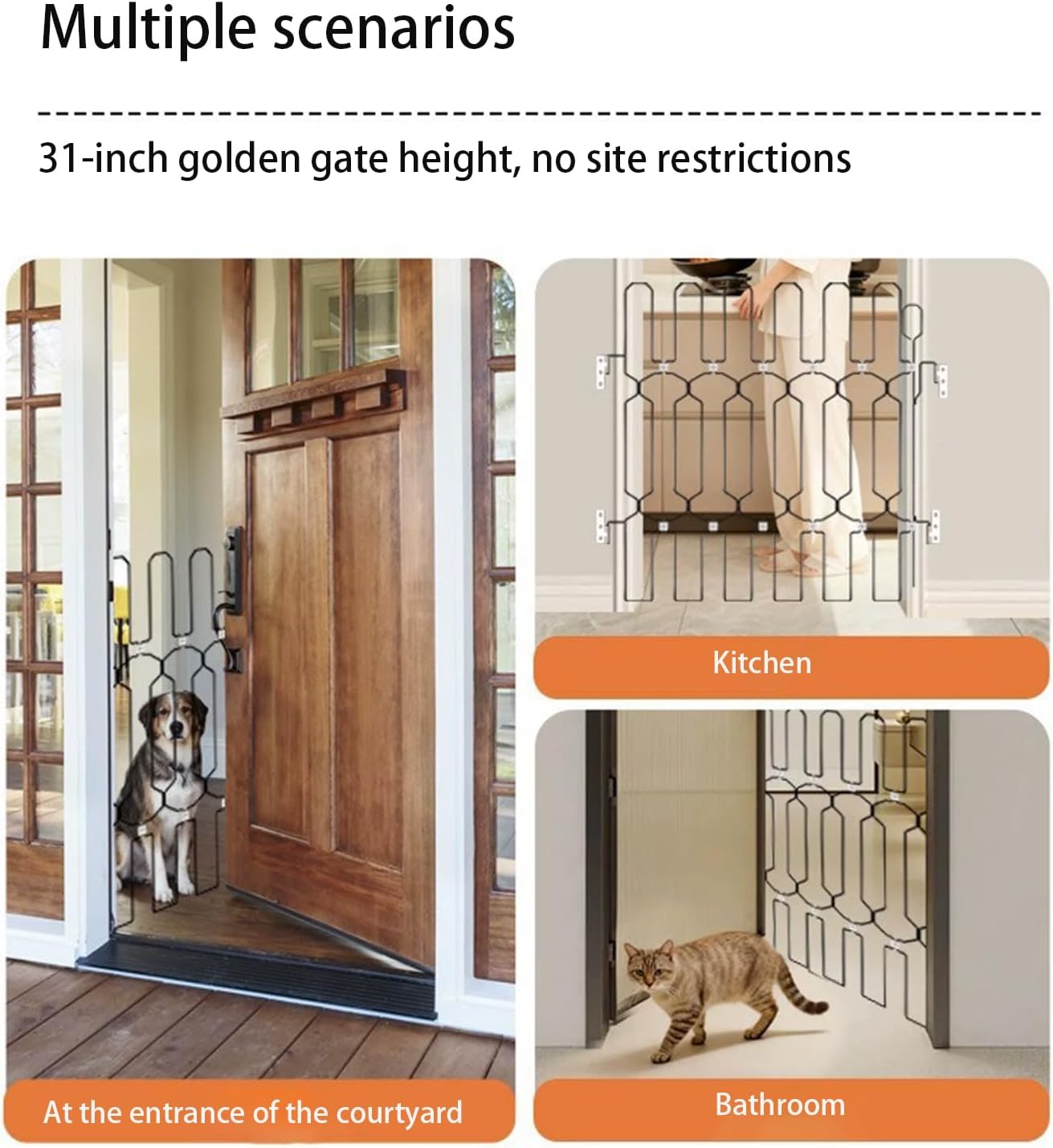 Metal Telescopic gate, 35.4 inches Wide and 31 inches high, is a Safe pet gate Suitable for Front Doors, RVs, doorways, etc., and is Easy to Install.