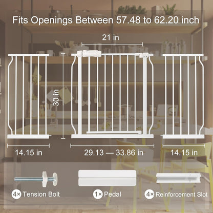Extra Wide Baby Gate with Door Pressure Mounted 57.48-62.20 Inch,Child Baby Gates for Doorways No Drilling,Walk Through Dog Gate Indoor for The House Kitchen Stairs,White