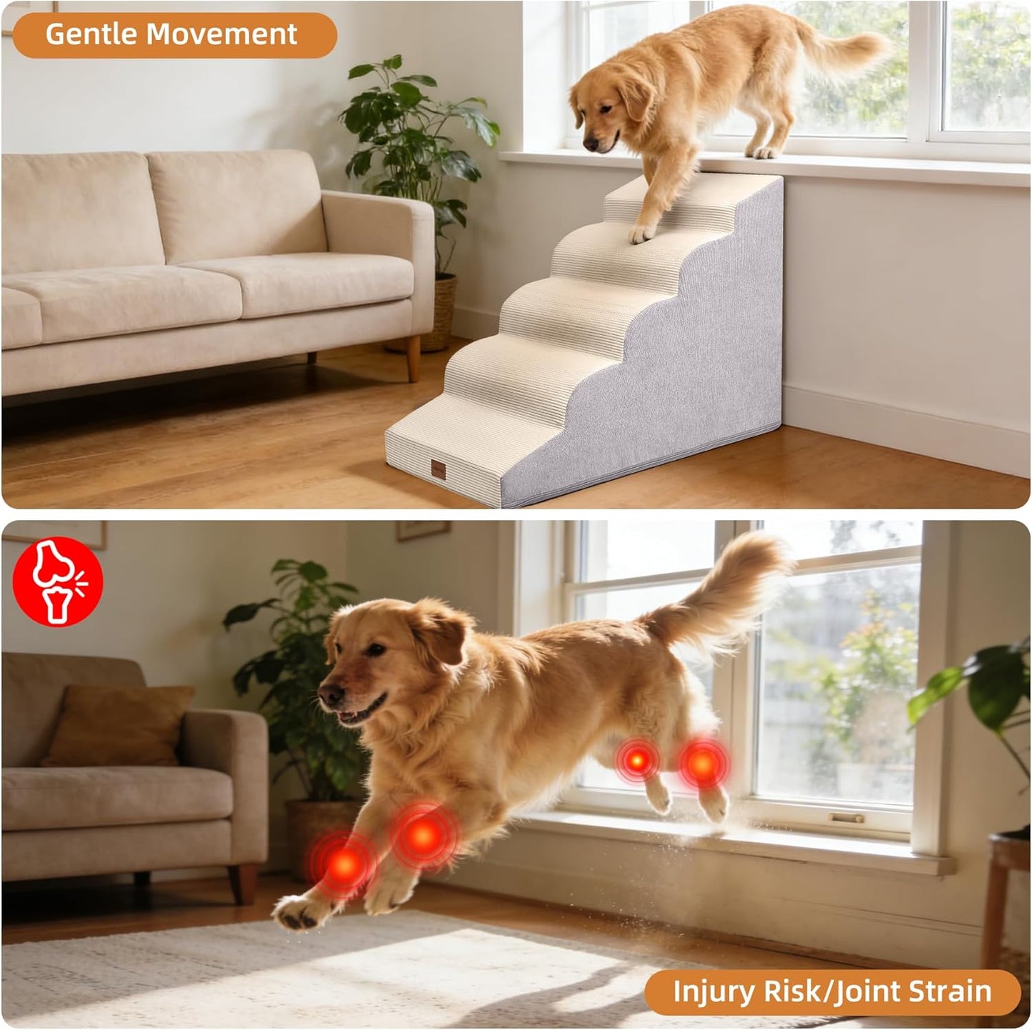 Dog Stairs for Small Dogs and Cats, 15.7" H, 3-Step Curved Pet Ramp for Couch Sofa and Chair, Non-Slip Medium Pet Steps with High Density Foam, Beige