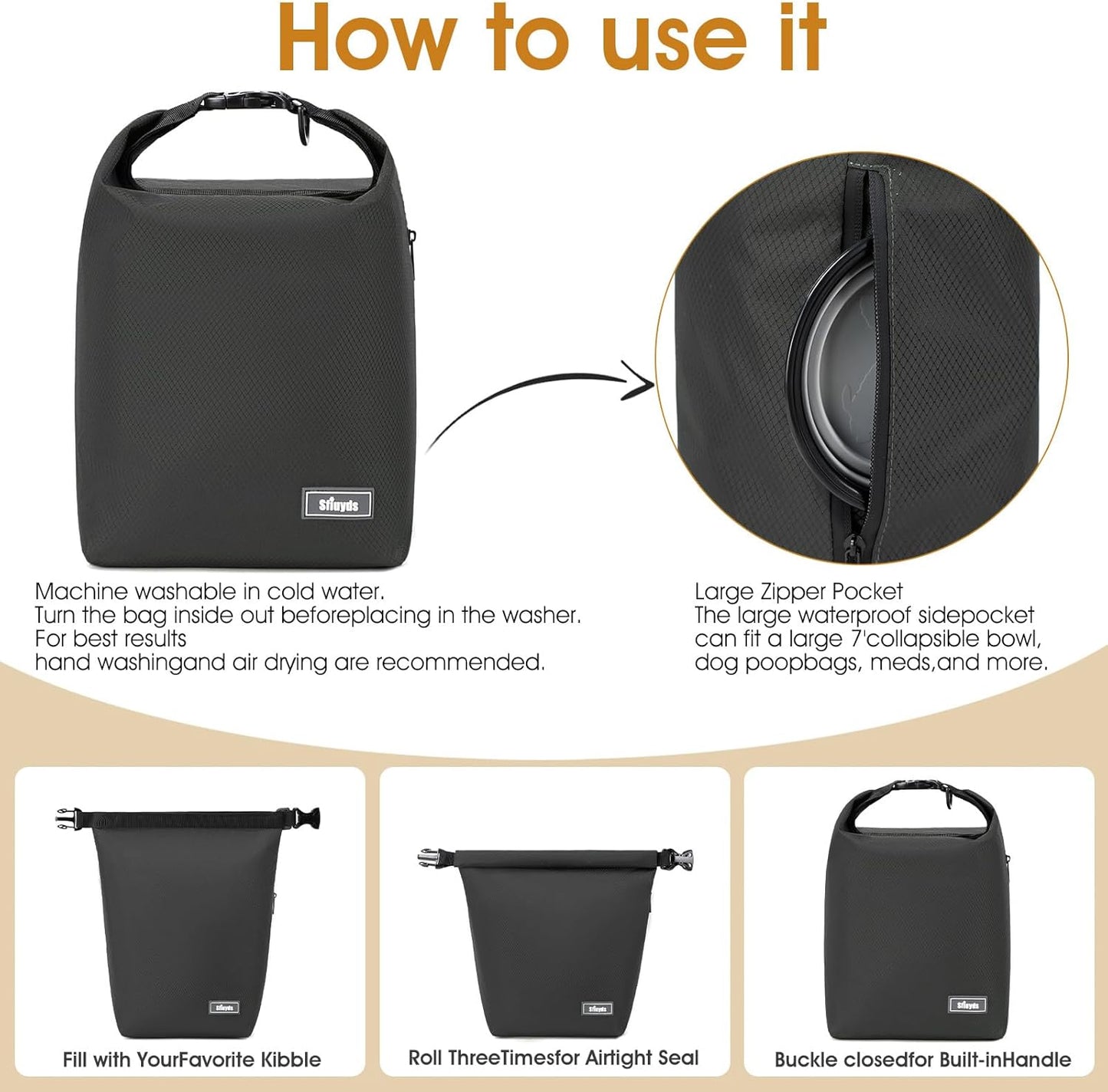 Travel Dog Food Container Pet Food Storage Bag Containers 2PCS Collapsible Travel Dog Bowls Waterproof Camping Storage Essentials Kibble Carrier 20L Easy to Clean (Black, Large)