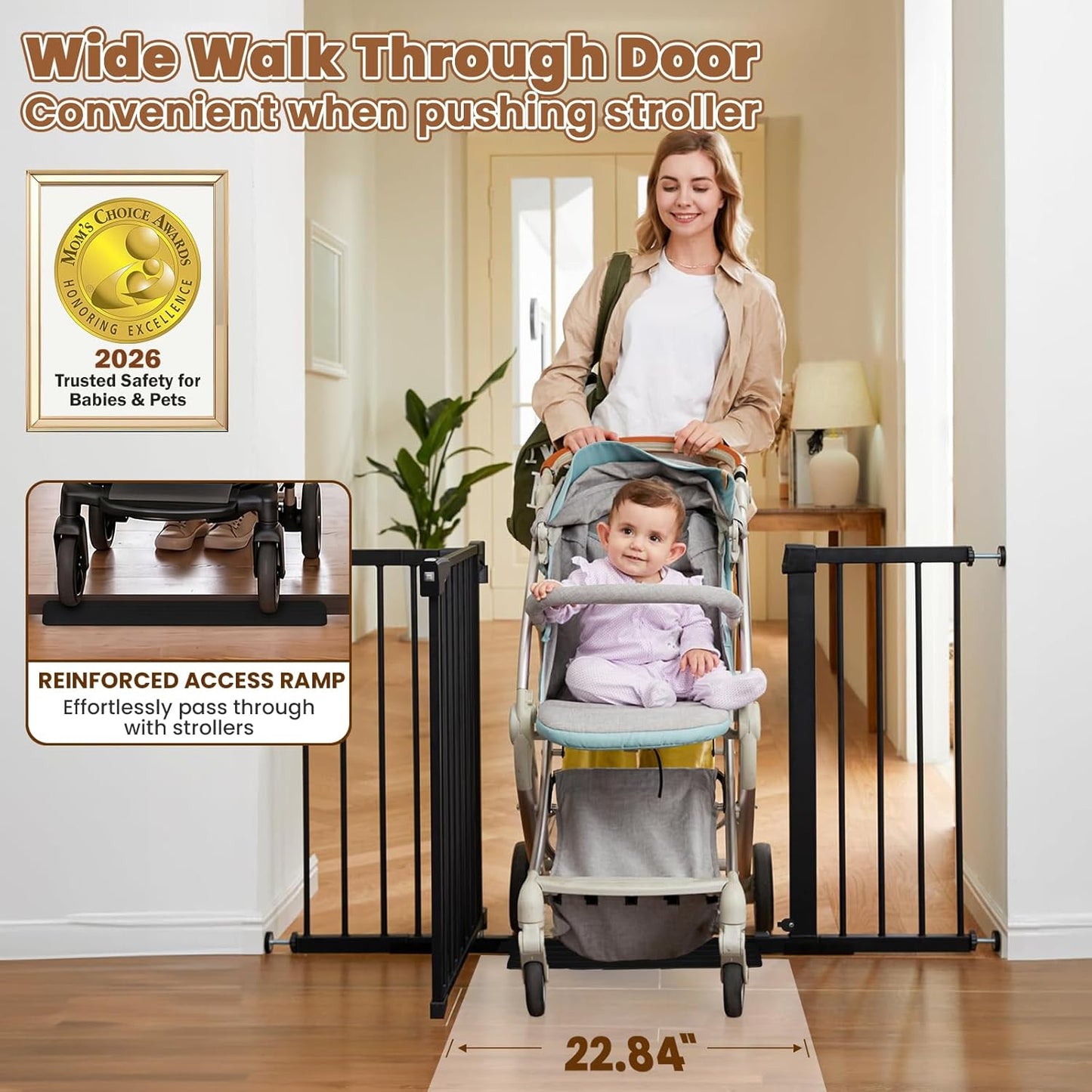 Mumeasy Baby Gate Extra Wide, 29.7-51'' Pressure Mounted Dog Gate with Walk Thru Door, Auto Close Pet Gate for House, Stairs, Doorways,Black