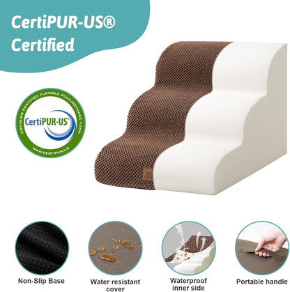 COZY KISS Dog Stairs for Small Dogs 15.7" H, Curved Dog Step for Puppy, Older Cat, Medium Pet Ramp for Sofa, Couch or Chair, Ladder with High Density Foam, 3 Step, 15.7x22.4x15.7 inch, Beige