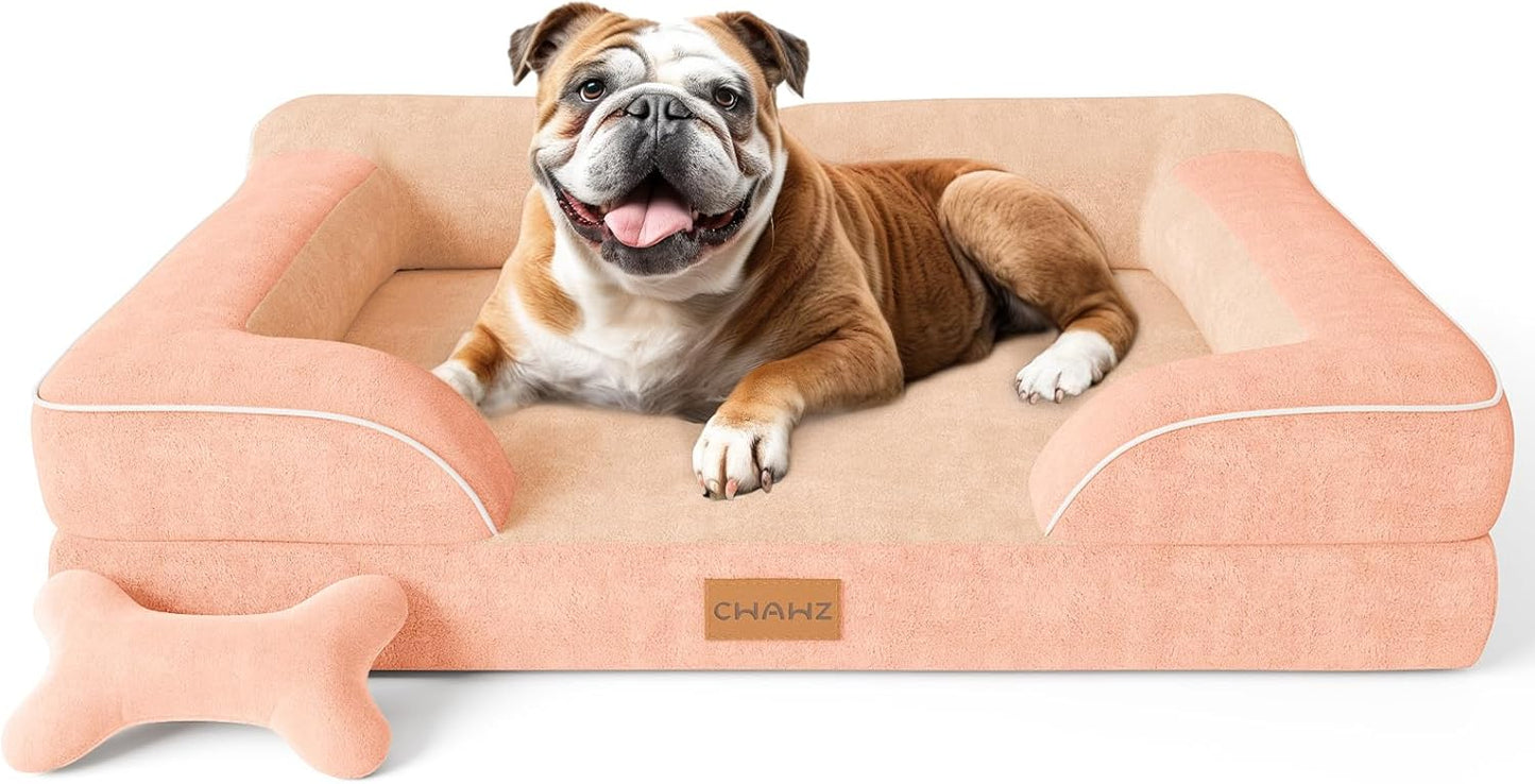 CWAWZ Extra Large Dog Bed, Orthopedic Dog Bed with Cooling Gel Memory Foam, Waterproof XL Pet Bed with Removable Washable Cover, 42" Pet Sofa Couch Dutch Velvet with Bone Toy, Light Gray