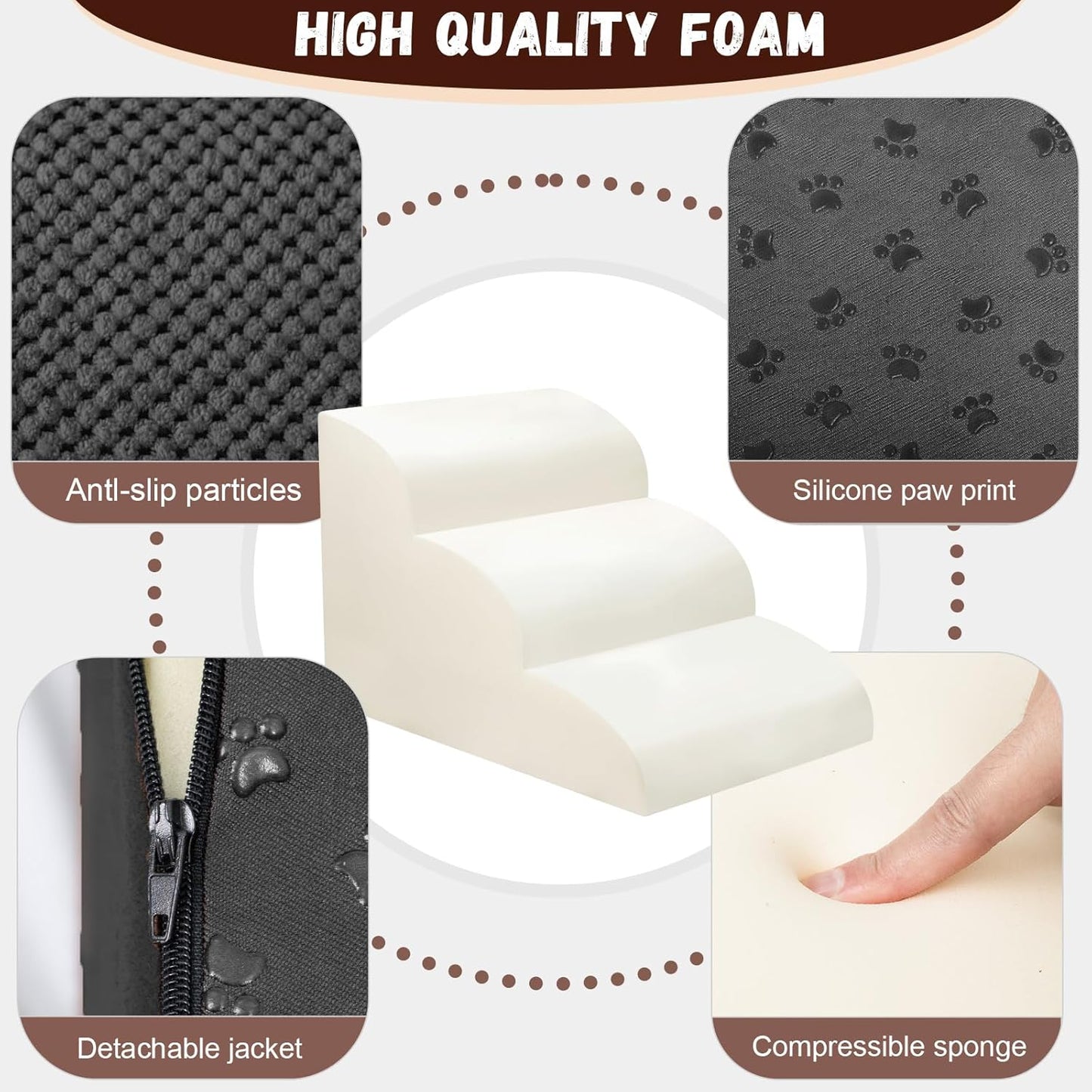 Dog Stairs for Small Dogs - High Density Foam Dog Ramp, Extra Wide Pet Steps with Non-Slip Bottom for High Beds, Couche and Sofa, Best for Pet Injured, Older Dogs Cats (Grey, 4 Steps)