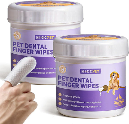 HICC Pet Teeth Cleaning Wipes for Dogs & Cats, Remove Bad Breath by Removing Plaque and Tartar Buildup No-Rinse Dog Finger Toothbrush, Disposable Gentle Cleaning & Gum Care Pet Wipes, 50 Counts