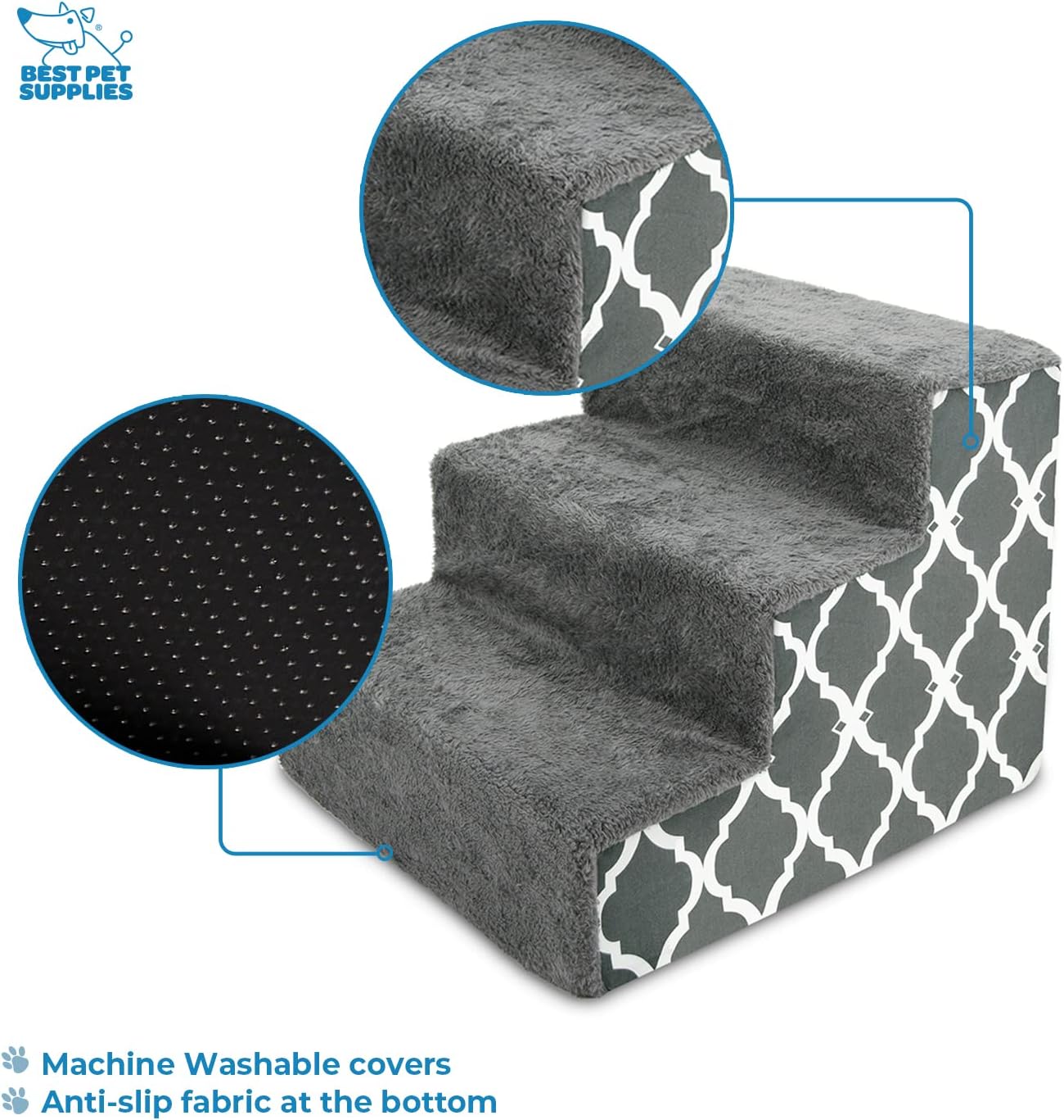 Best Pet Supplies Foam Pet Steps Cover for Small Dogs and Cats, Portable Ramp Stairs for Couch, Sofa, and High Bed Climbing (Cover Only) - Ash Gray Linen, 3-Step (Cover Only)