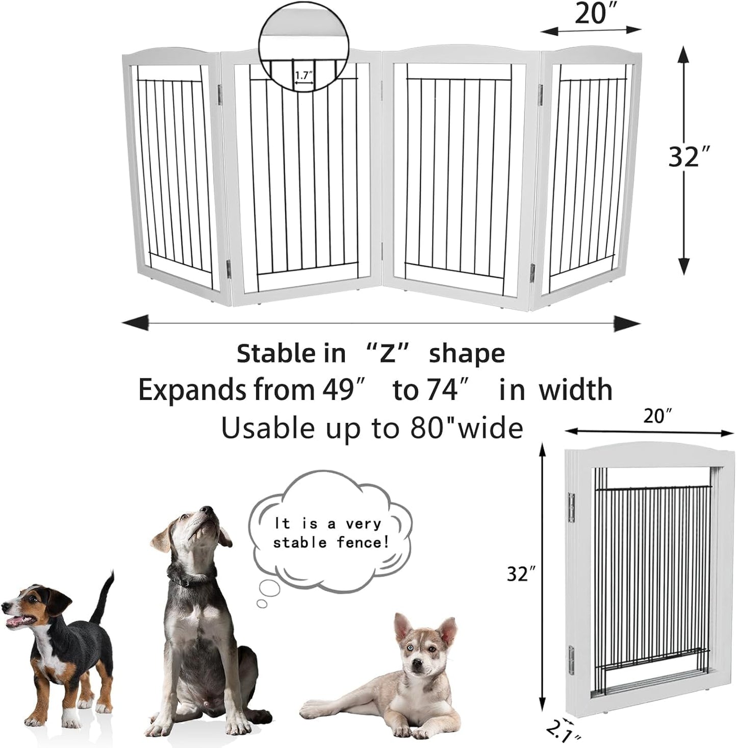 ZJSF Freestanding Foldable Dog Gate for House Extra Wide Wooden White Indoor Puppy Gate Stairs Doorways Pet Gate Tall Dog Fence 3 Panels Fence