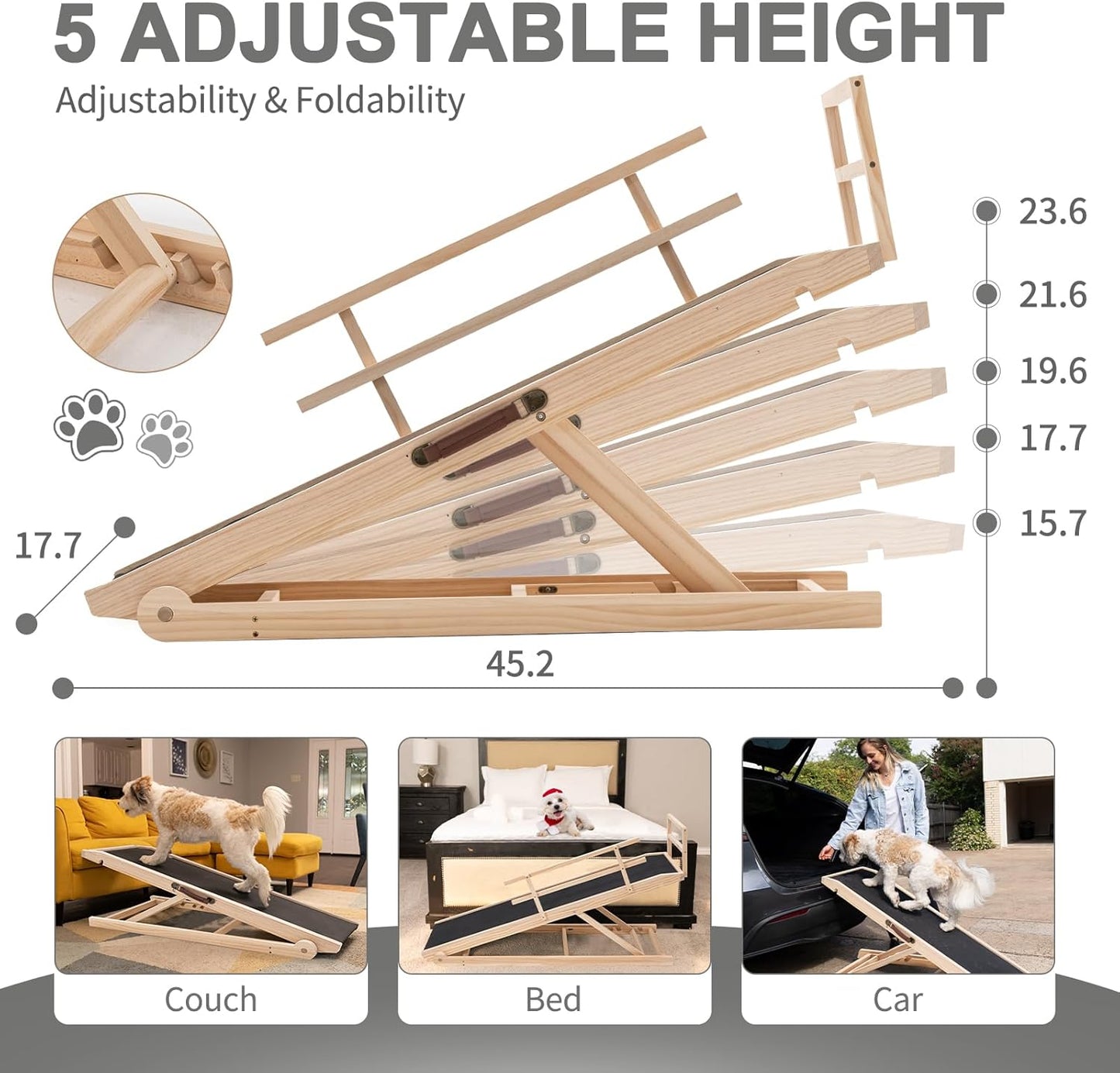 ABORON Antislip Dog Ramp, Adjustable Folding Pet Ramp for Small & Large Old Dogs & Cats, High Traction Portable Rubber Paw Ramps, Supports up to 200 lbs, Used for Bed Couch SUV, 39.3'' Long